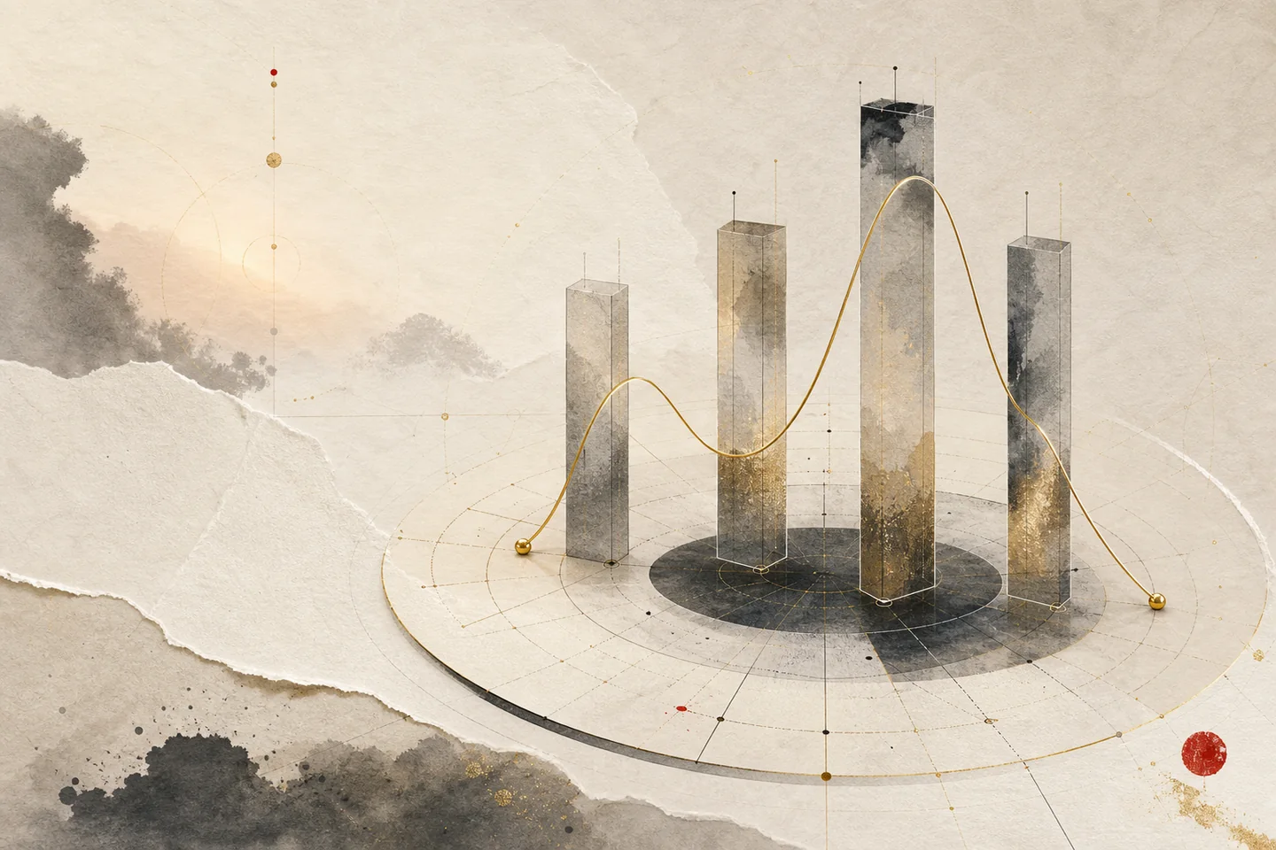 Ink-wash pillars and a gold trend line showing how decade-level Luck Pillars relate to annual movement