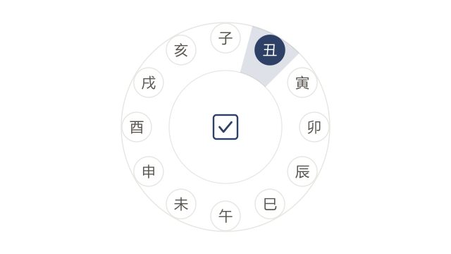 十二支の時刻盤が回り、午前 01:00 から 03:00 の丑で止まるアニメーション