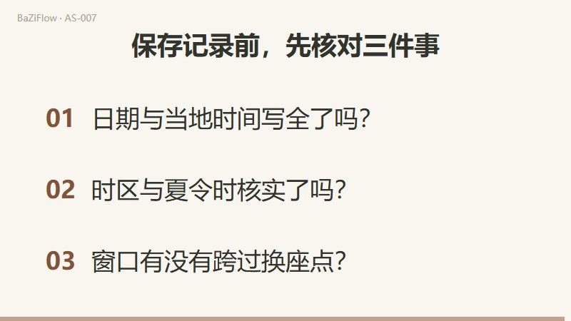 三幕演示：当地时间换算成 UTC 且日期可能后退；A、B、C 三个时间窗相对换座点的位置；结尾列出保存记录前的三项核对。