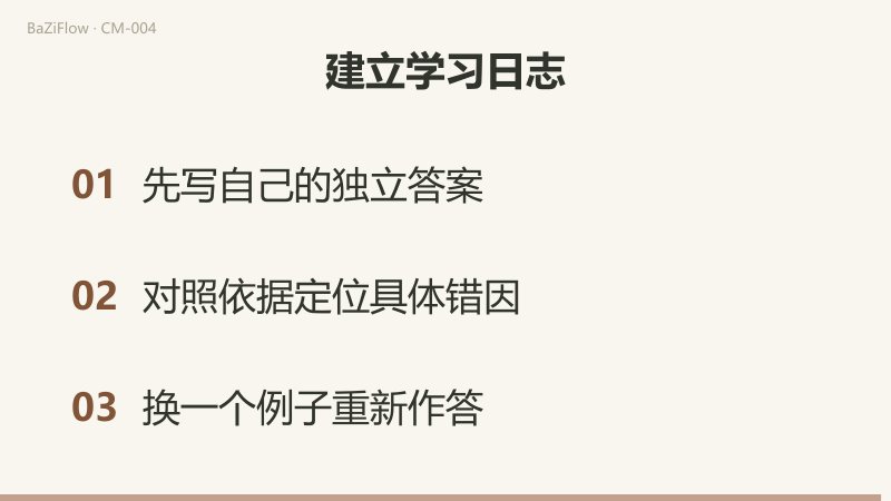 三幕短片：先用“先答—核对—找错因—换例再做”的循环说明一次只处理一个可核对的小问题；再对比初答“默认是通用规则”与更正后“默认是工具选择”；最后列出三条做法：先写独立答案、对照依据定位错因、换一个例子重新作答。