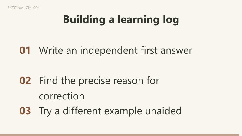 Three scenes: a cycle of attempt, check, find the error and try a new example, one checkable question at a time; a comparison of the first answer "default is universal" with the correction "a tool-specific choice"; and a three-item checklist: write an independent first answer, find the precise reason for correction, try a different example unaided.