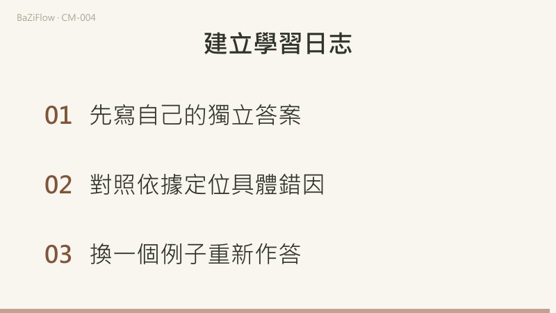 三幕短片：先用「先答—核對—找錯因—換例再做」的循環說明一次只處理一個可核對的小問題；再對比初答「預設是通用規則」與更正後「預設是工具選擇」；最後列出三條做法：先寫獨立答案、對照依據定位錯因、換一個例子重新作答。