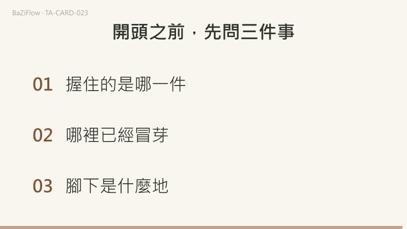 三幕演示：權杖王牌，雲中之手握著長葉的杖，背後有日輪、城堡與河；主條、逆位與補充釋義三欄詞表；結尾列出開頭之前要問的三件事。