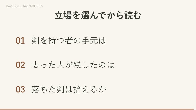 三場面:手前に三本の剣を持つ人、遠くに去る二つの影、地面に剣があるソードの5、主条・逆位置・補足の三列の語義、剣を持つ者・去る者・落ちた剣それぞれの問い。