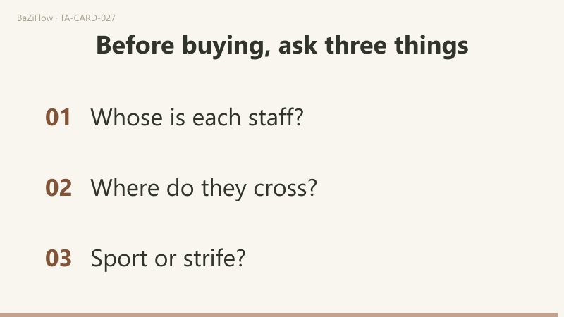 Three scenes: the Five of Wands, five hands each gripping a staff with the staves crossing in the middle; Waite's own words, the upright list and the reversed list in three columns; three things to ask before buying.