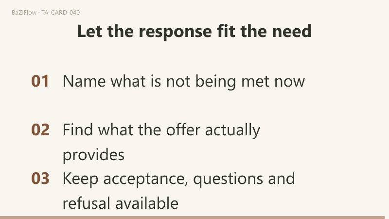Three scenes: 1) Four of Cups: does the new offer fit?; 2) Feedback can take different forms; 3) Let the response fit the need.