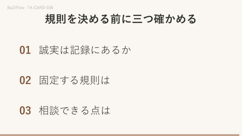 三場面：冠をつけ葉のある杖を持って座り、衣と足もとに蜥蜴のいるワンドのキング、「固定する」と「相談する」の二つの欄、規則を決める前に確かめる三つのこと。