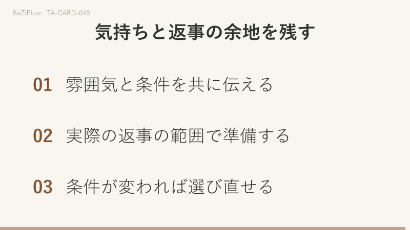 三つの場面:①カップのナイト:答えられる誘い、②称賛と参加は違う返事、③気持ちと返事の余地を残す。