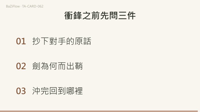 三幕演示:寶劍騎士舉劍疾馳、畫裡沒有對手;詞表分成本領、衝突與逆位三列;結尾列出衝鋒之前先問的三件事。
