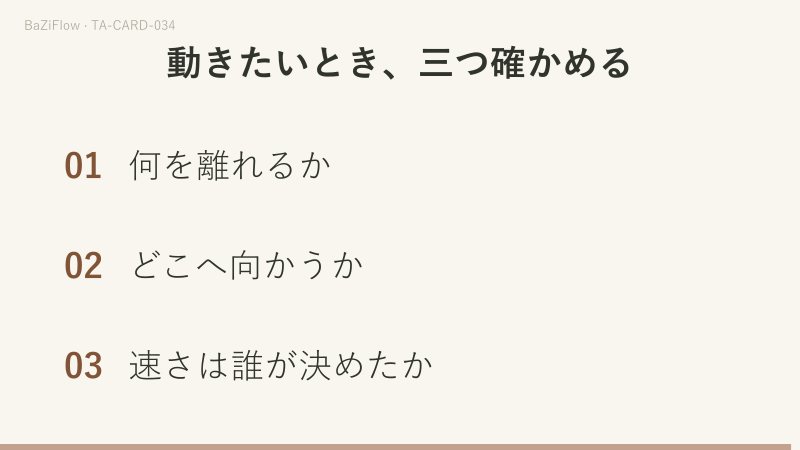三場面：杖を掲げて跳ねる馬に乗る鎧の騎士のワンドのナイト、「離れる」と「向かう」の二つの欄、動き出す前に確かめる三つのこと。
