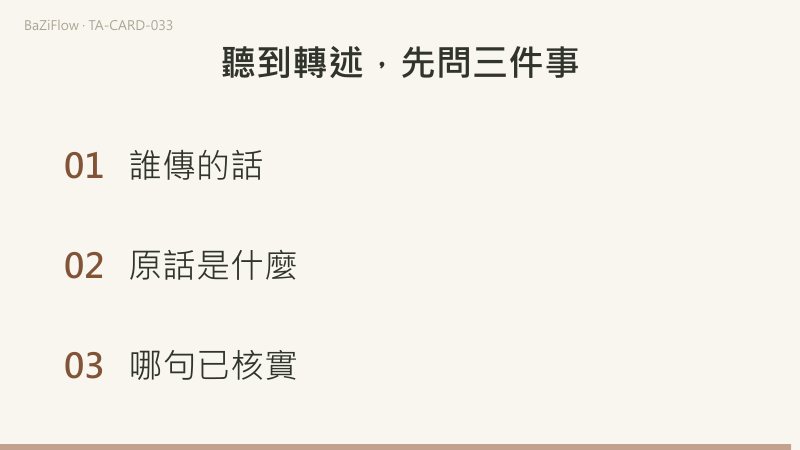 三幕演示:權杖侍從牌面,年輕人手握冒葉的杖;「傳話人」和「消息」兩欄並排;結尾列出聽到轉述後先問的三件事。