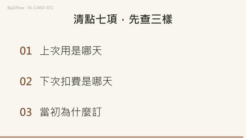 三幕演示：星幣七牌面，人倚著農具望向掛著七枚星幣的樹；主條與逆位兩列詞表；結尾列出清點訂閱時要先查的三件事。