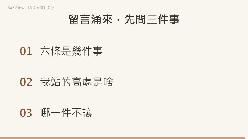 三幕演示：權杖七，一人站在坡頂握杖，坡下有杖斜著伸上來；表面、層面、另說三欄詞表；結尾把六條留言歸成三類，並選出不讓的一件。