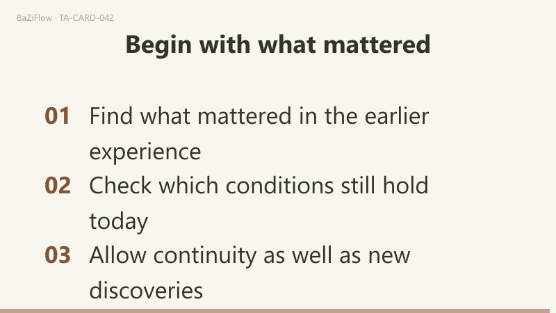 Three scenes: 1) Six of Cups: then and now; 2) Same object, fresh experience; 3) Begin with what mattered.