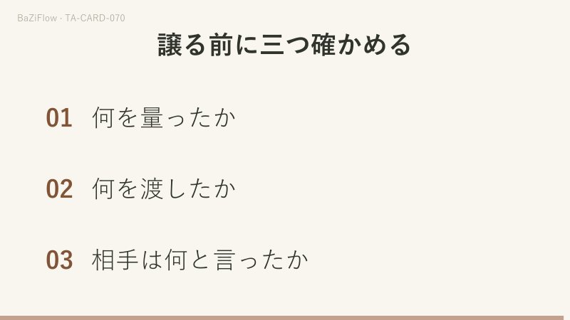 三場面:天秤を掲げる人とひざまずいて手を伸ばす人のペンタクルの6、正位置と逆位置の二列の語、物を譲る前に確かめる三つのこと。