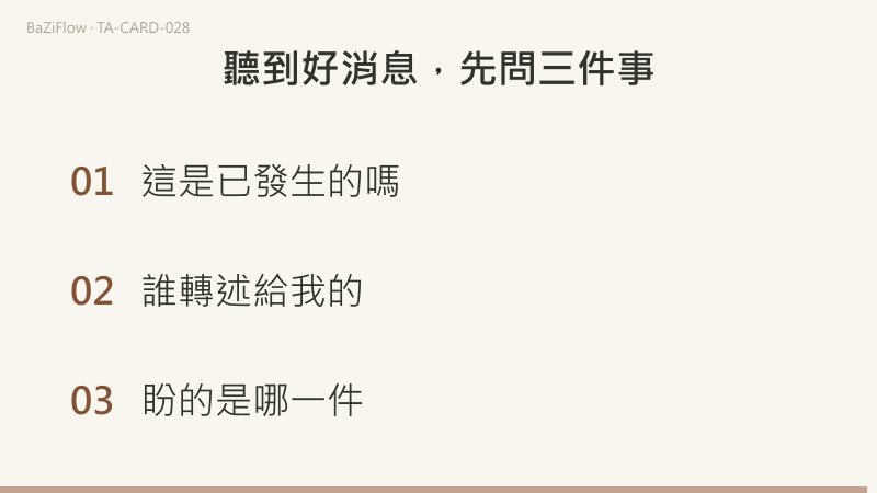 三幕演示：權杖六，白馬上的騎者舉著一根纏月桂的杖，人群舉杖相隨；主條、逆位、補充三欄詞表；結尾列出判斷一條好消息屬於哪一類的三個問題。