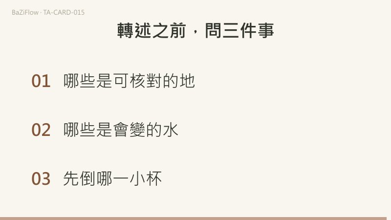 三幕演示：節制牌面，有翼的人雙手各持一杯、水在兩杯間畫出弧線；正位與逆位兩列詞表；結尾列出轉述一句抱怨之前問的三件事。