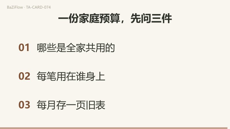 三幕演示：星币十牌面，星币排成拱门，门下一家人与老人；正位与逆位两列词表；结尾列出整理家庭预算前先问的三件事。