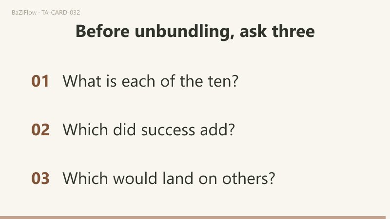 Three scenes: the Ten of Wands with a figure hugging a whole bundle of staves and a village on a distant slope; three columns of the word list (main sense, another line, reversed); three questions to ask before unbundling a load.