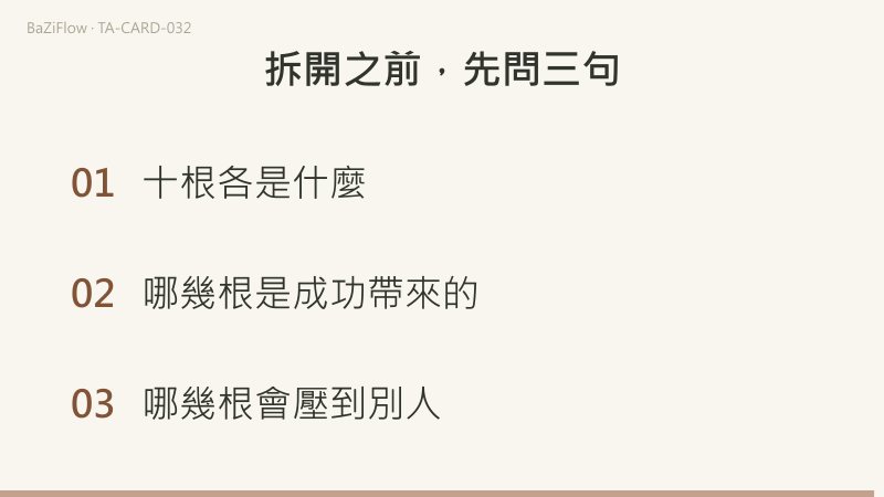 三幕演示:權杖十,一個背影抱著整捆杖,遠處坡上有村子;詞表裡的主要意思、另一條線與逆位三欄;結尾列出拆開一捆之前先問的三句話。