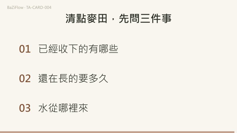 三幕演示：皇后牌面，戴星冠的女子坐在麥田前、身後有瀑布；生長、暗處、逆位三組詞；結尾列出清點麥田時問的三件事。