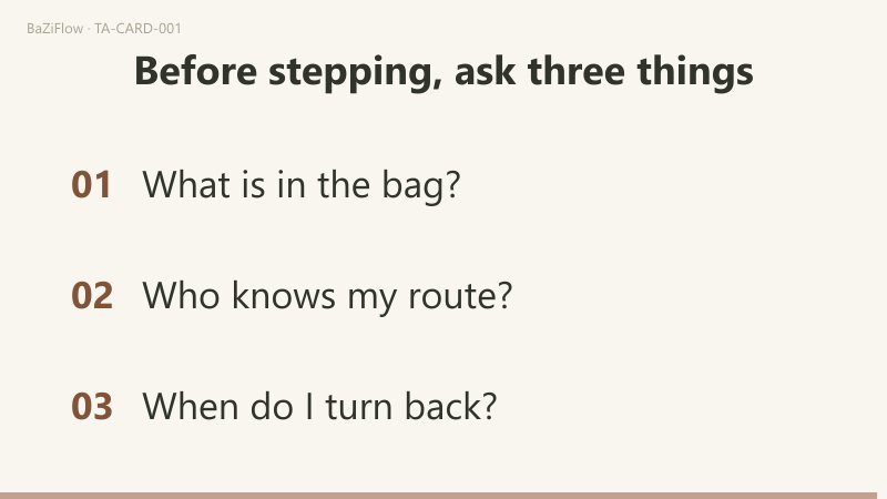 Three scenes: the Fool stepping along a cliff edge with a dog at his feet; Waite's two voices split into a picture column and a word-list column; three things to ask before leaving.