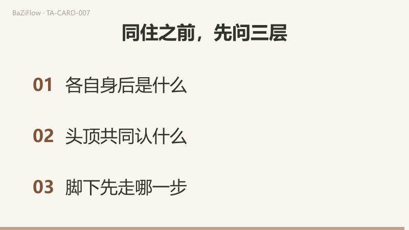 三幕演示：恋人牌面，天使在上、两人居中、两棵树在后；主条、逆位与另一说三栏词表；结尾列出合租前要问的三件事。