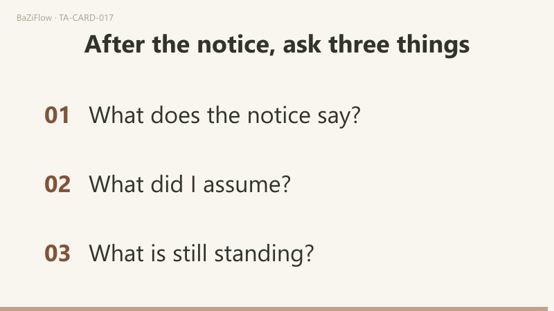 Three scenes: the Tower with a bolt striking the top and the gold crown knocked off; two columns, what the notice says and what I had assumed; three questions to ask after a notice arrives.