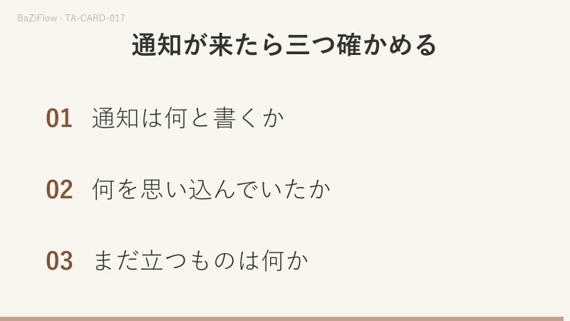 三場面：雷が頂を打ち金の冠が外れる塔、「通知に書いてある」と「私の思い込み」の二列、通知が届いたあとに確かめる三つのこと。