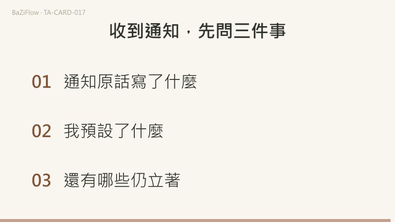 三幕演示：高塔牌面，閃電劈中塔頂、金冠被擊離；「通知寫明」與「我原先預設」兩欄對照；結尾列出收到通知後先問的三件事。