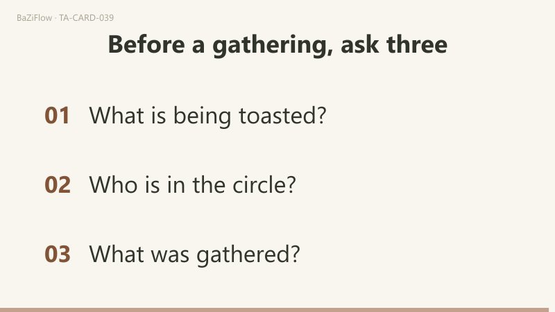 Three scenes: the Three of Cups with three figures raising cups and produce at their feet; the upright and reversed words in two columns; three things to ask when planning a gathering.