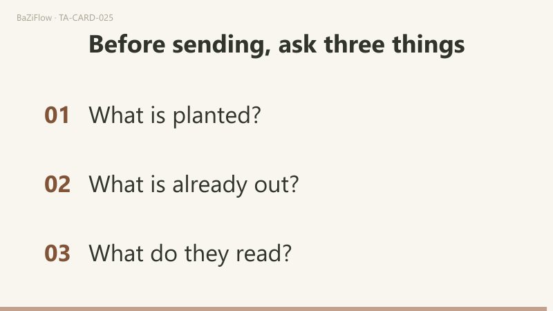 Three scenes: the Three of Wands, a figure with his back turned at a cliff edge, three staves beside him, sailboats and a sun on the sea; the list split into his own position and his look toward you; three things to ask before sending a request.