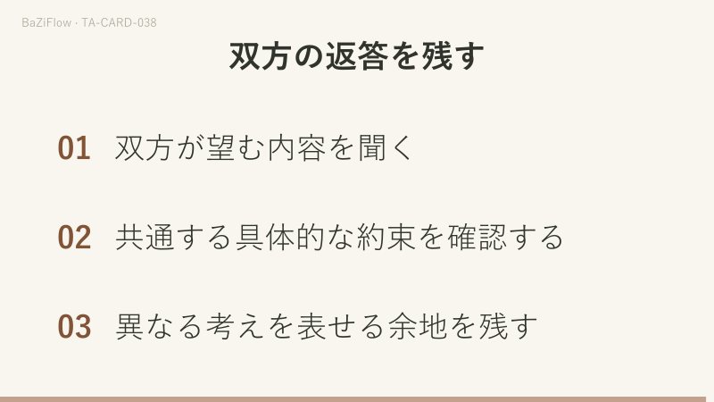 三つの場面：①カップの2：接点と違い、②共通部分は全てでなくてよい、③双方の返答を残す。