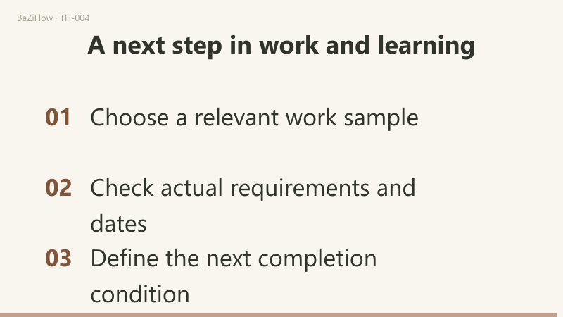 Three scenes: first, capability, opportunity and action side by side (check a sample, check conditions, choose a step); second, two different gaps (an unclear sample calls for revision, a closed opening calls for checking a later date); third, three checks: choose a relevant work sample, check actual requirements and dates, define the next completion condition.