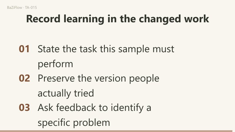 Three scenes: career practice ends in an inspectable output; one located issue is revised and the same task retested; a closing checklist asks you to state the task, preserve the tested version and have feedback name a specific problem.