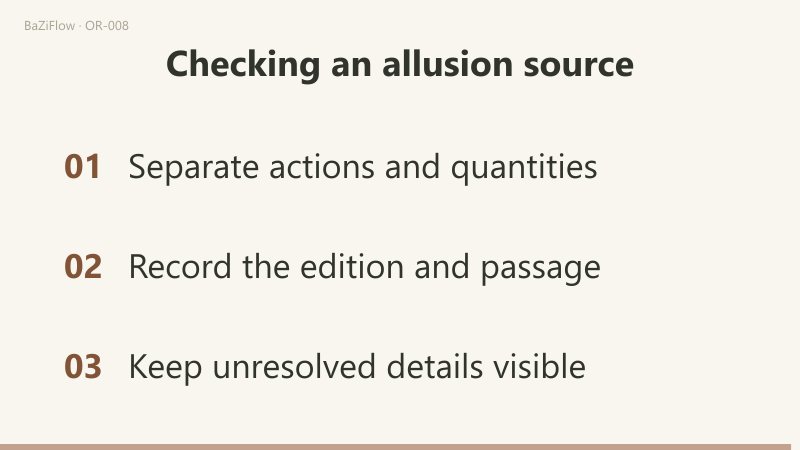 A familiar story is split into claims, passages are located and each claim is matched; the Song History and Records passages that were read both describe study and porridge but neither states four portions; a closing list separates actions and quantities, records edition and passage, and keeps unresolved details visible.