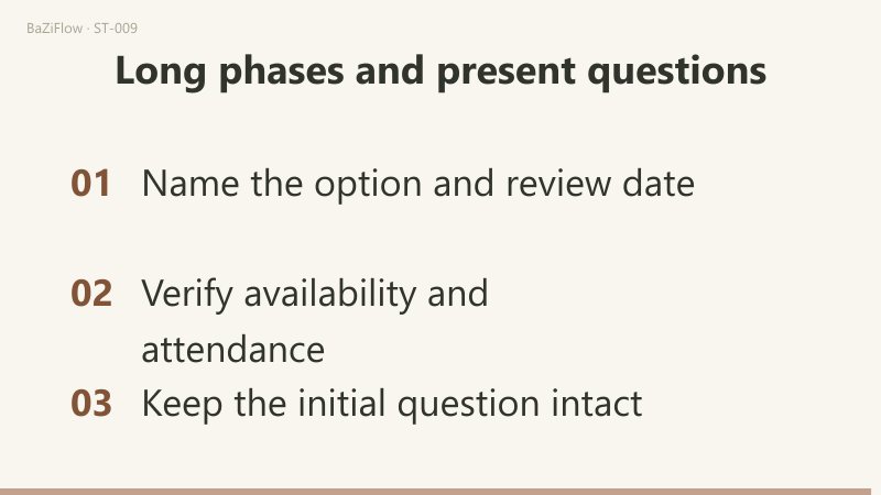The clip first shows a short window inside a long phase on a schematic 0-10 axis, then contrasts an unchanged background with a course going from open to full and enrollment conditions changing, and ends with three checks: name the option and review date, verify availability and attendance, and keep the initial question intact.