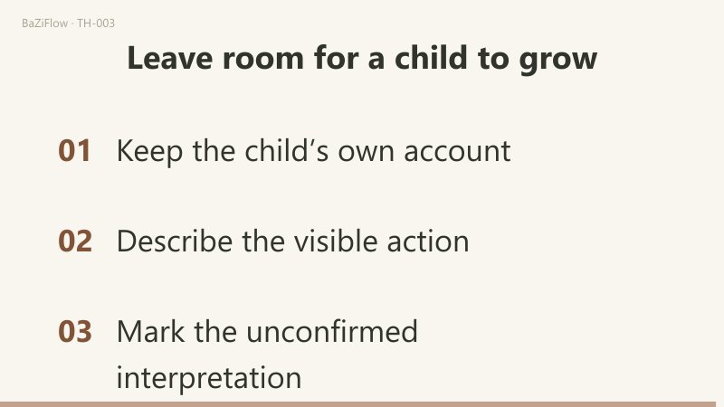 Three scenes: first, the child's words ("It is too noisy"), the observed action (moves somewhere quiet) and the adult inference (dislikes groups?) kept apart; second, the child joins a quiet small group and the earlier inference needs revision; third, three practices: keep the child's own account, describe the visible action, mark the unconfirmed interpretation.