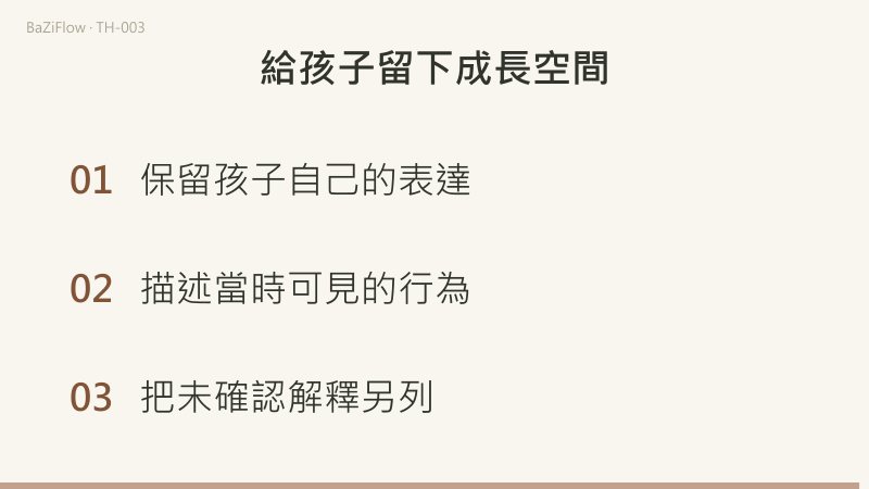第一幕把孩子說「這裡太吵」、看見的行為「移到安靜處」和成人推測「不喜歡集體?」分列;第二幕顯示孩子願意參加安靜小組,原有推測需要修訂;第三幕給出三項做法:保留孩子自己的表達、描述當時可見的行為、把未確認解釋另列。