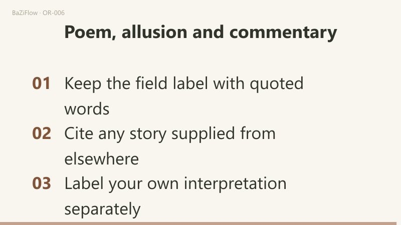 The poem is 4 lines of 7 characters = 28 and the gloss is 4 lines of 4 = 16, counted separately; losing a line gives 21 while replacing one character still gives 28, so equal length can hide an error; a closing list keeps field labels, cites outside stories and labels personal interpretation.