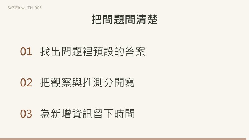 先對比已知(尚未回覆)與未知(是否願意);再用週三未知、週四回覆、另記補充說明新資料不回寫舊時點;最後列出三項核對:找出問題裡預設的答案、把觀察與推測分開寫、為新增資訊留下時間。