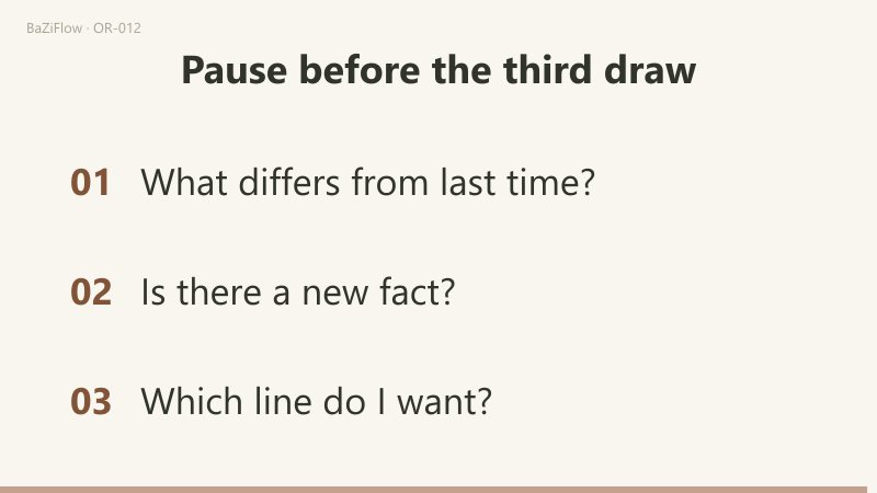 Three scenes: the next step for each of the three urges; a question reworded from "Should I go?" to "Will he be there?"; three checks before the third draw.