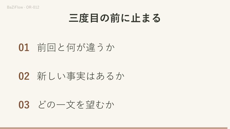 三場面:三つの衝動それぞれの次の一歩、問いが「行くべきか」から「彼は来るか」に変わる様子、三度目の前の三つの確認。
