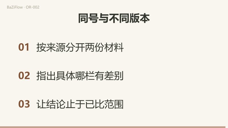 三个场景：甲本与乙本同为一号；核对题名后记录一致、其余栏位待核；按来源分开材料、指出具体差别栏、让结论止于已比范围。