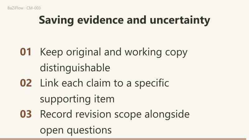 Three scenes: the original output, a working copy and a revision linked by new evidence; a corrected time-zone setting that triggers recalculation of dependent fields and review of linked prose while unrelated prose stays unreviewed; and a three-item checklist on keeping original and copy distinct, linking each claim to specific support, and recording revision scope with open questions.