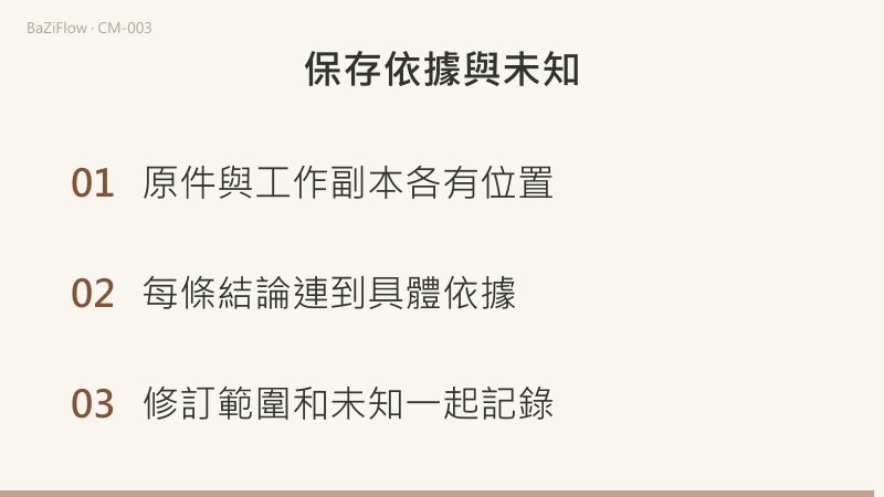三幕短片：先展示原結果、工作副本與帶新證據的修訂版如何相連；再說明改正時區欄位後，依賴它的欄位要重算、相關解釋要覆閱，無關段落仍是未覆核；最後列出三條做法：原件與副本各有位置、每條結論連到具體依據、修訂範圍和未知一起記錄。