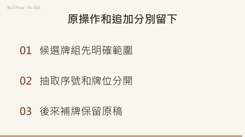 記錄分為抽牌前的規則、抽牌時的順序與方向、抽牌後的解釋與追加；後來的補牌另列，不覆蓋原來的三張。