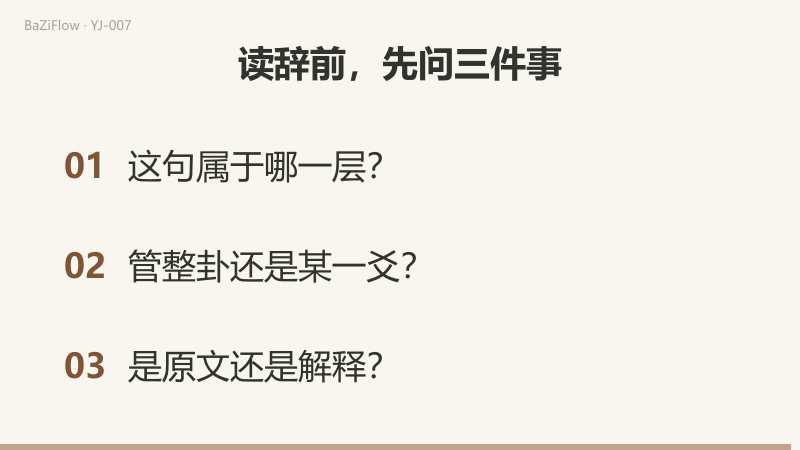 三幕演示：泰卦的整个图形对应卦辞；卦辞与爻辞按对象和数量并列对比；结尾列出读辞前的三个自查问题。
