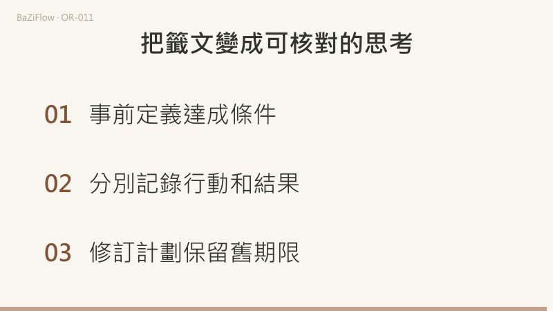 「已邀請、已同意、已舉行」分別是動作、回覆和事件,不能互換;原標準是三十分鐘,實際十五分鐘就不能事後改口;最後事前定義達成條件、分別記錄行動和結果、修訂計畫保留舊期限。