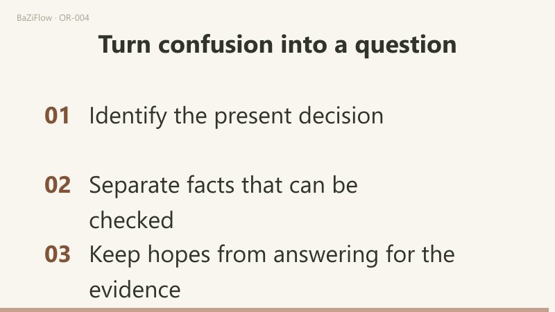 Three scenes: 8 conflicting hours out of 16 teaching hours as a time share rather than a failure risk; known rota versus unknown make-up policy; three checks (identify the decision, separate checkable facts, keep hopes from answering).